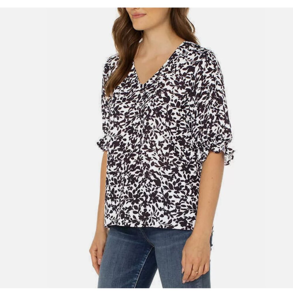 Well Worn Women's V Neck Blouse Quarter Balloon Sleeve